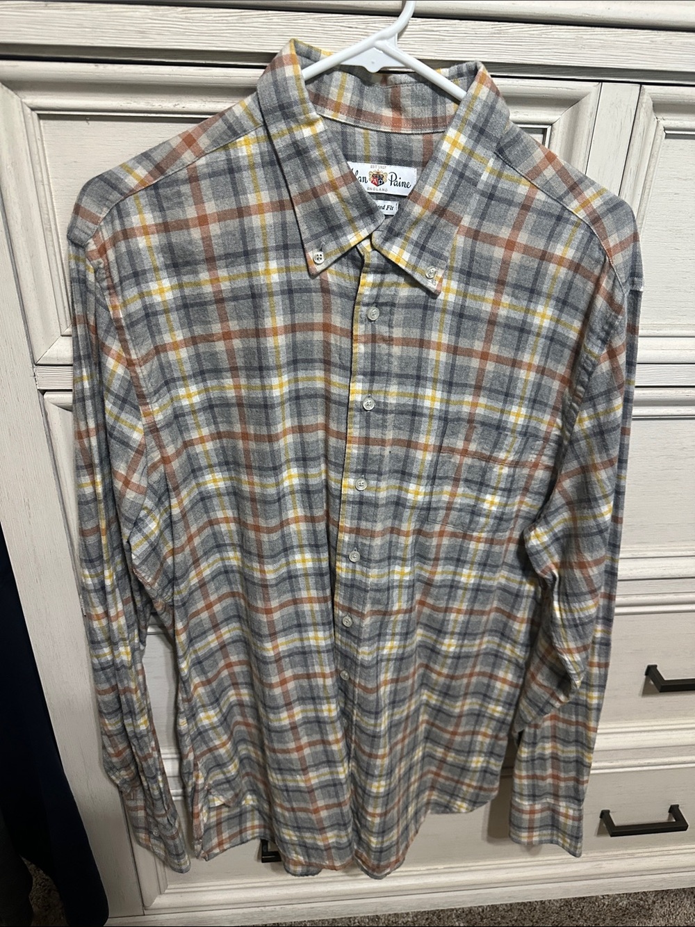 Gray Plaid Button-Down Shirt with Brown & Yellow Accents